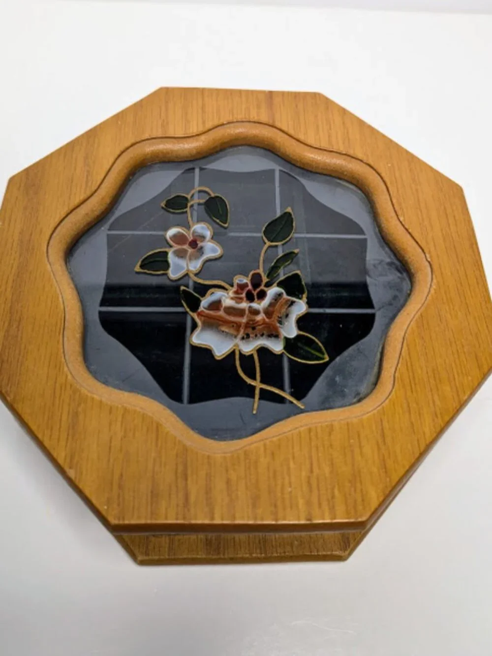 Vintage Octagon Wooden Floral Glass Jewelry Box